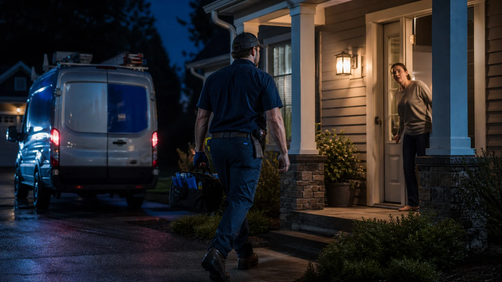 An on-call plumbing technician arrives at a homeowner's door at night with a service van in the driveway.